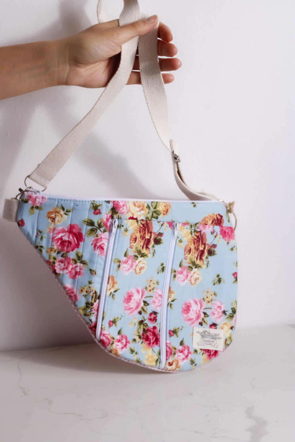 Blue Rose Garden Floral Moon Bag